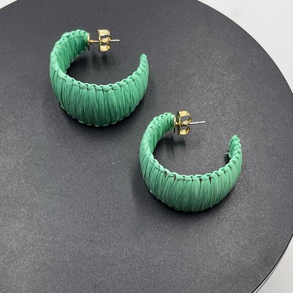 Shashi Designer Naija Raffia Wrapped Green Gold Plated Hoop Earrings - Picture 8 of 8